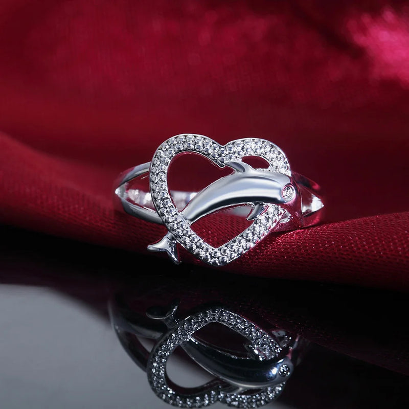 Dolphin Love Heart Silver Ring