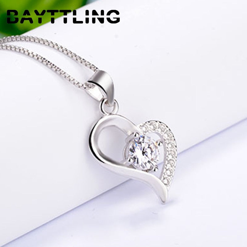 925 Sterling Silver Shiny Heart Zircon Pendant Necklace