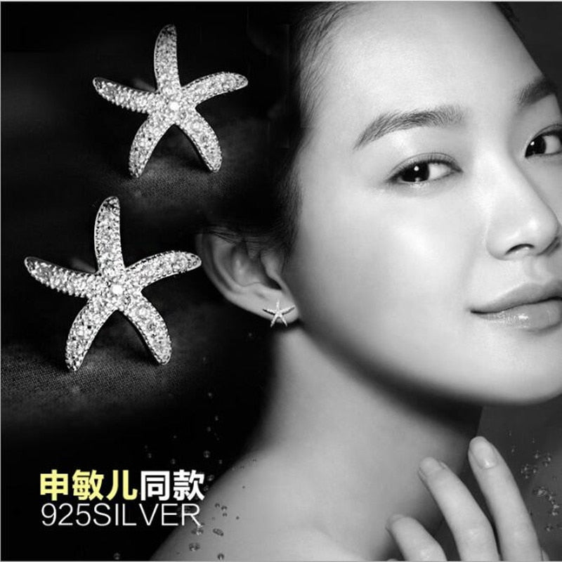 New Fashion Anti-allergic 925 Sterling Silver Jewelry  Micro-embedded Crystal Starfish Personality Exquisite Earrings   E037