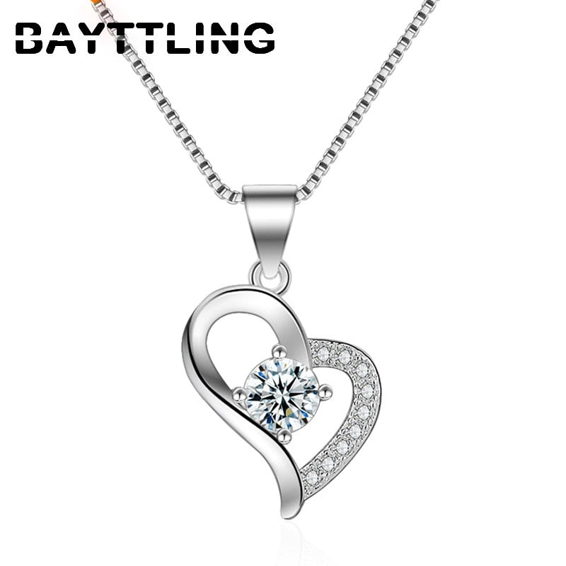 925 Sterling Silver Shiny Heart Zircon Pendant Necklace