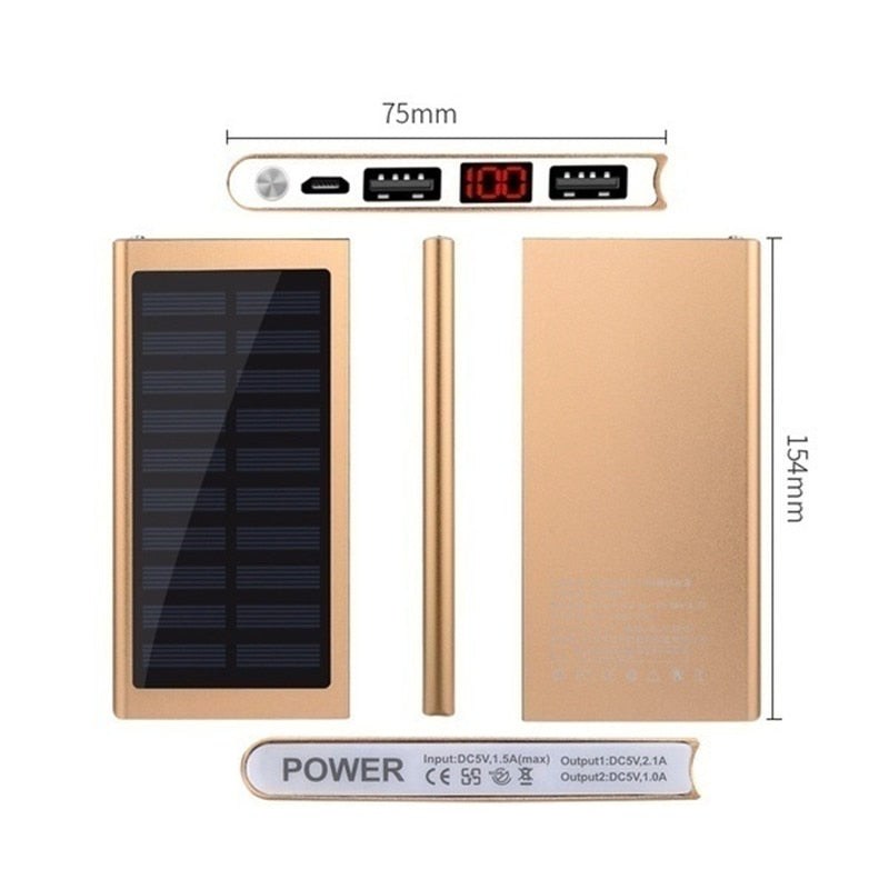 30000mAh Solar Power Bank Fast Charger 2 USB  External Battery