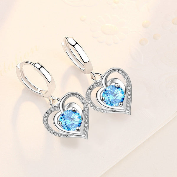 925 Sterling Silver Crystal Zircon Hollow Heart Shape Earrings