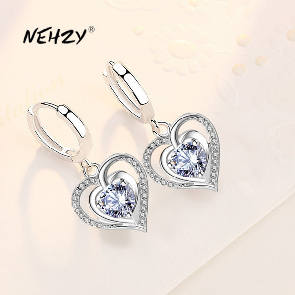 925 Sterling Silver Crystal Zircon Hollow Heart Shape Earrings