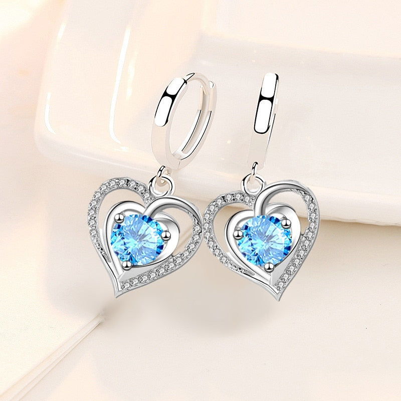 925 Sterling Silver Crystal Zircon Hollow Heart Shape Earrings