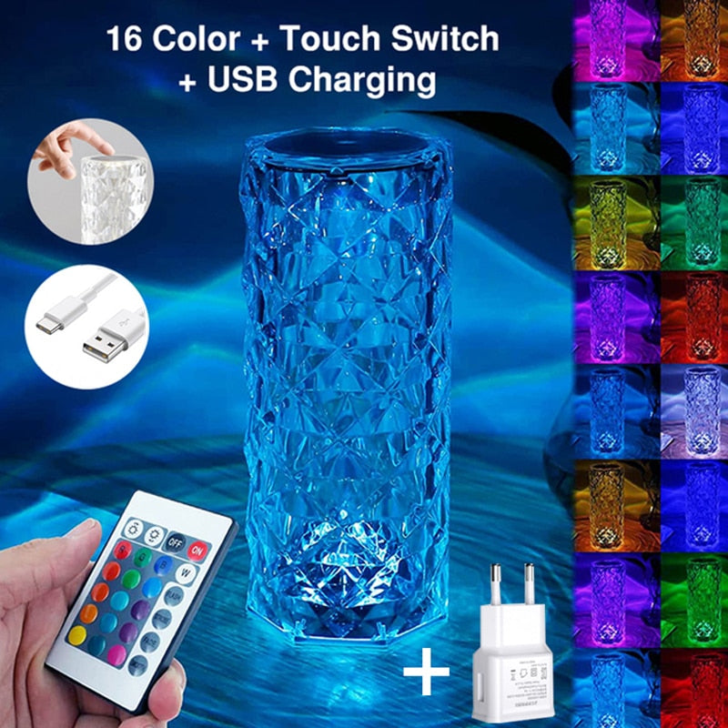 Touching Control Rose Crystal Lamp Bedside Table Bedroom Decoration 3/16 Colors LED Romantic Diamond Atmosphere Night Light