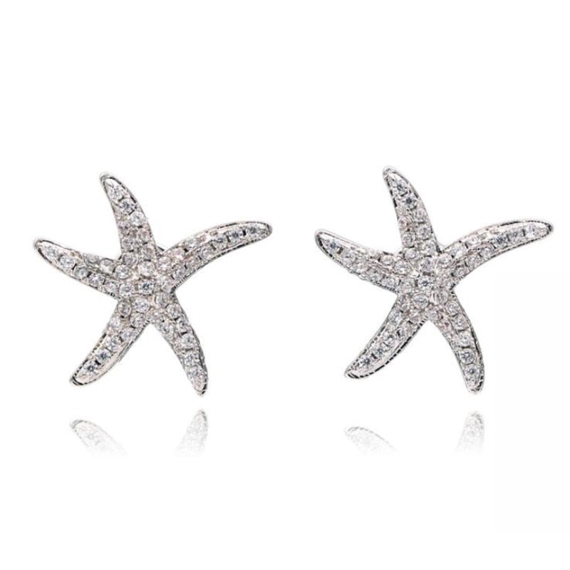 New Fashion Anti-allergic 925 Sterling Silver Jewelry  Micro-embedded Crystal Starfish Personality Exquisite Earrings   E037
